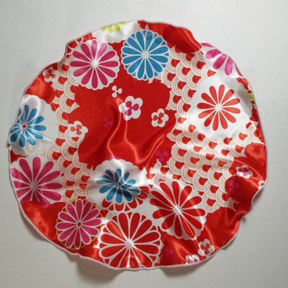 NEW 2-in-1 Round Pouf Pocket Square - Red Mod Floral Design - Picture 4 of 5